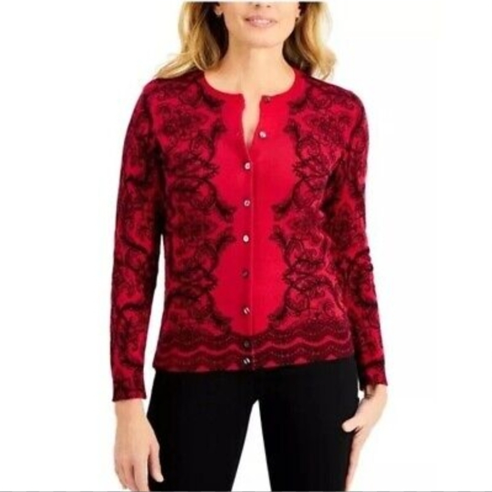 Karen Scott Red and Black Lace Cardigan